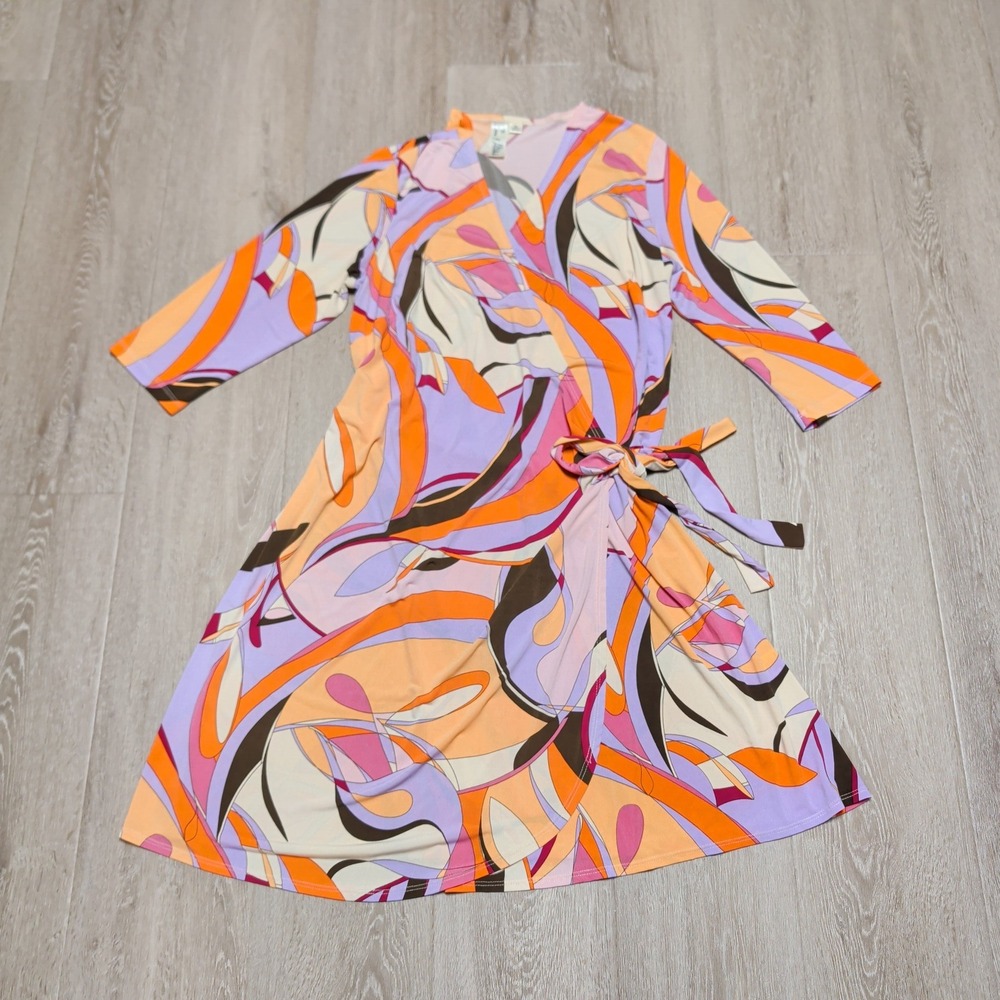 Emma & Michele Women XL Wrap Dress Orange Purple Abstract Bold Groovy 3/4 Sleeve